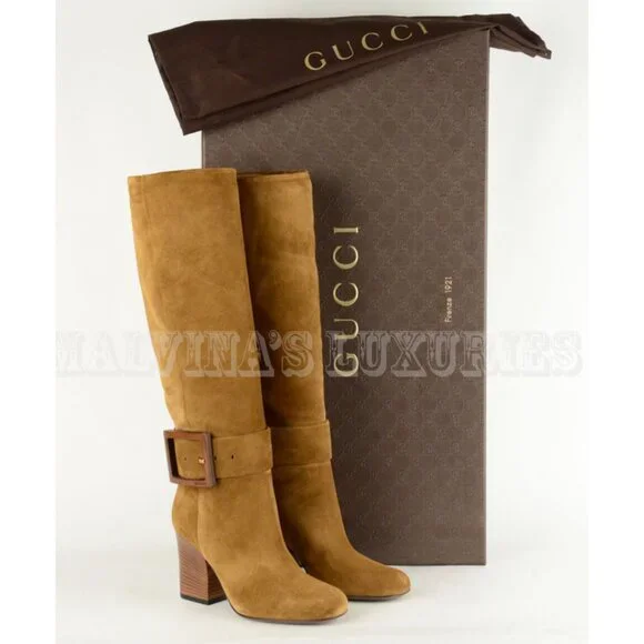 GUCCI BOOTS KESHA MAPLE SUEDE LEATHER MID HEEL LOGO BUCKLE